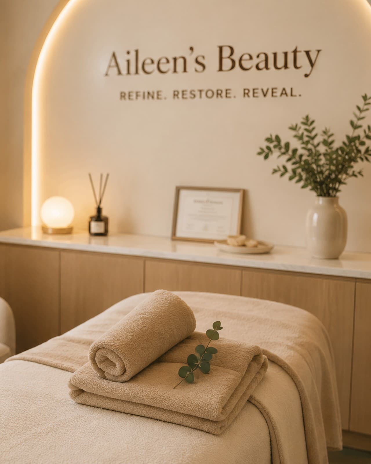 Aileen's Beauty treatment room with signature signage and a private treatment bed